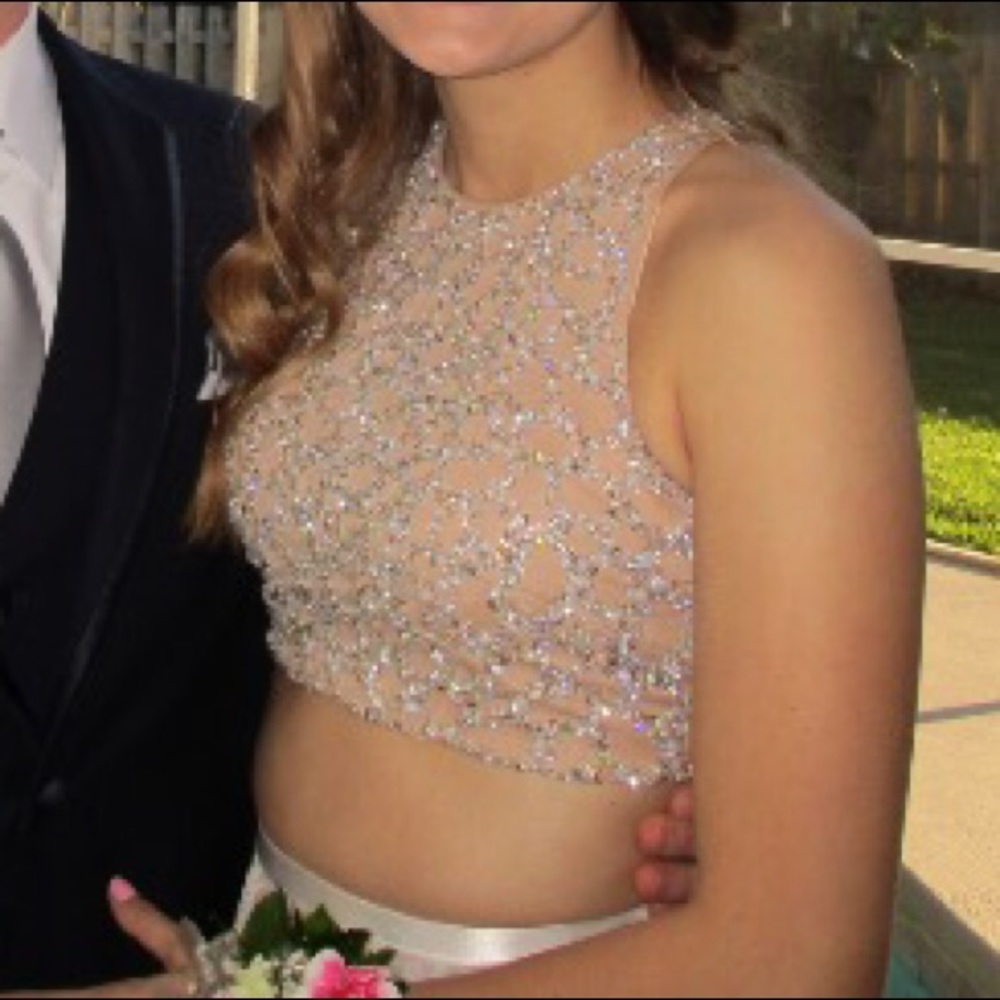 Two Piece Beaded Prom Crop Top and Illusion Skirt - Picture 3 of 8